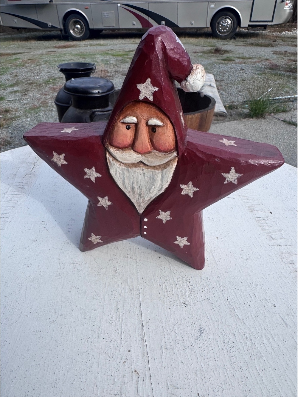 Vintage Style Hand Carved Wood Santa Star Christmas Folk Art Primitive Decor